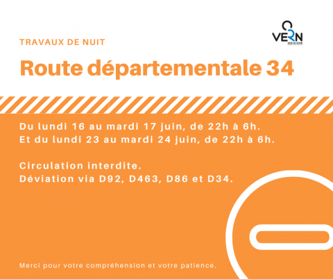 Circulation interdite : RD 34 (travaux de nuit)