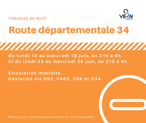 Circulation interdite : RD 34 (travaux de nuit)